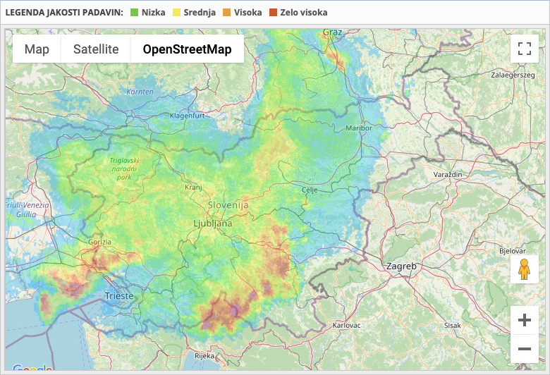 Radarska slika padavin nad Slovenijo z barvno legendo intenzitete